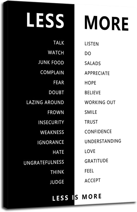 Motivational Print Wall Art for Office Black and White Less is More Inspirational Poster Inspiring Picture Painting Modern Artwork for Home Bedroom Living Room Office Decor Frame[24''W X 36''H]