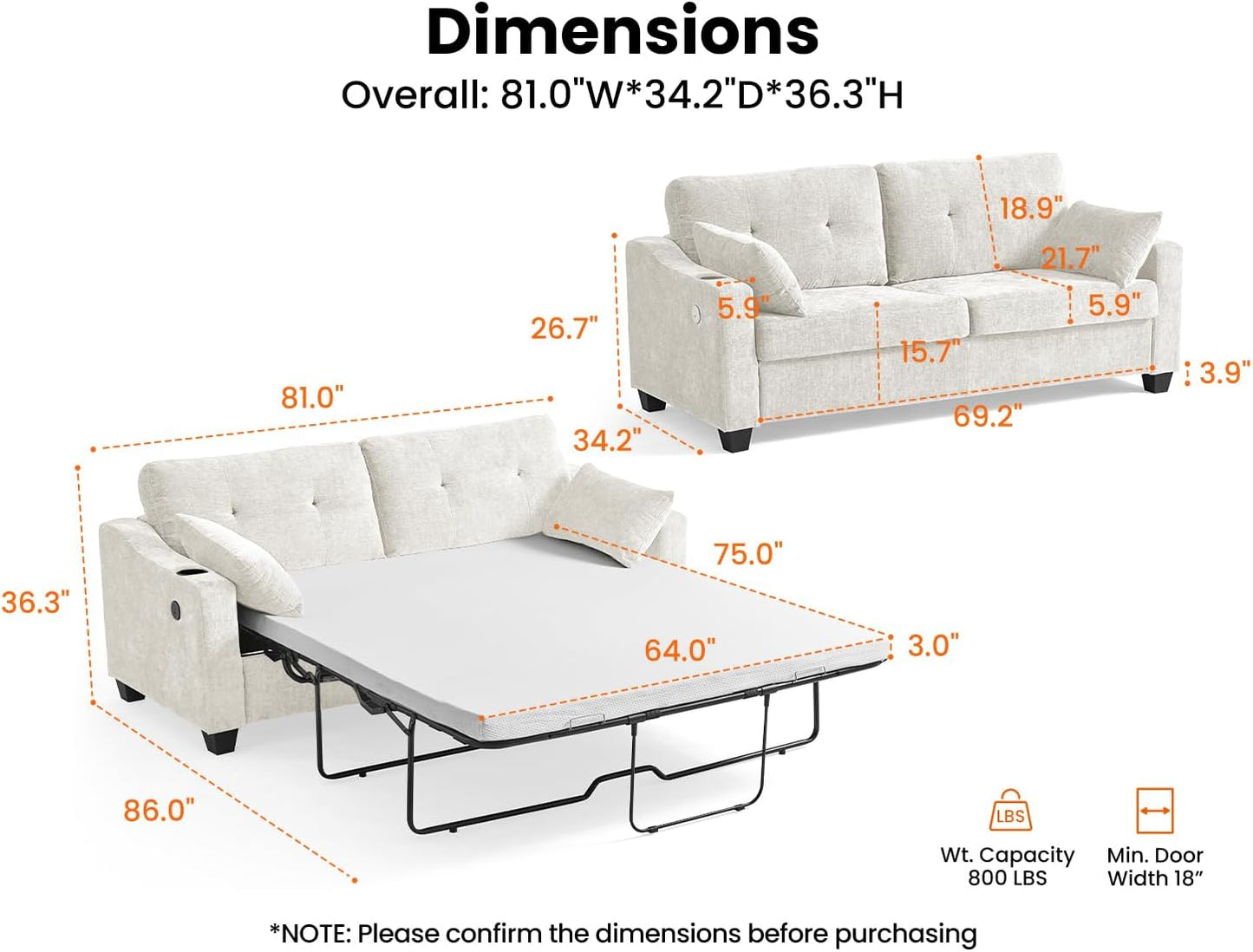 CHIC HOUSE Pull Out Sofa Bed, Full Size Sleeper Sofa, 2-in-1 Convertible Chenille Couch with USB Charging, Memory Form Corduroy Couch for Living Room, Apartment & Small Space (Beige, Chenille - Queen)