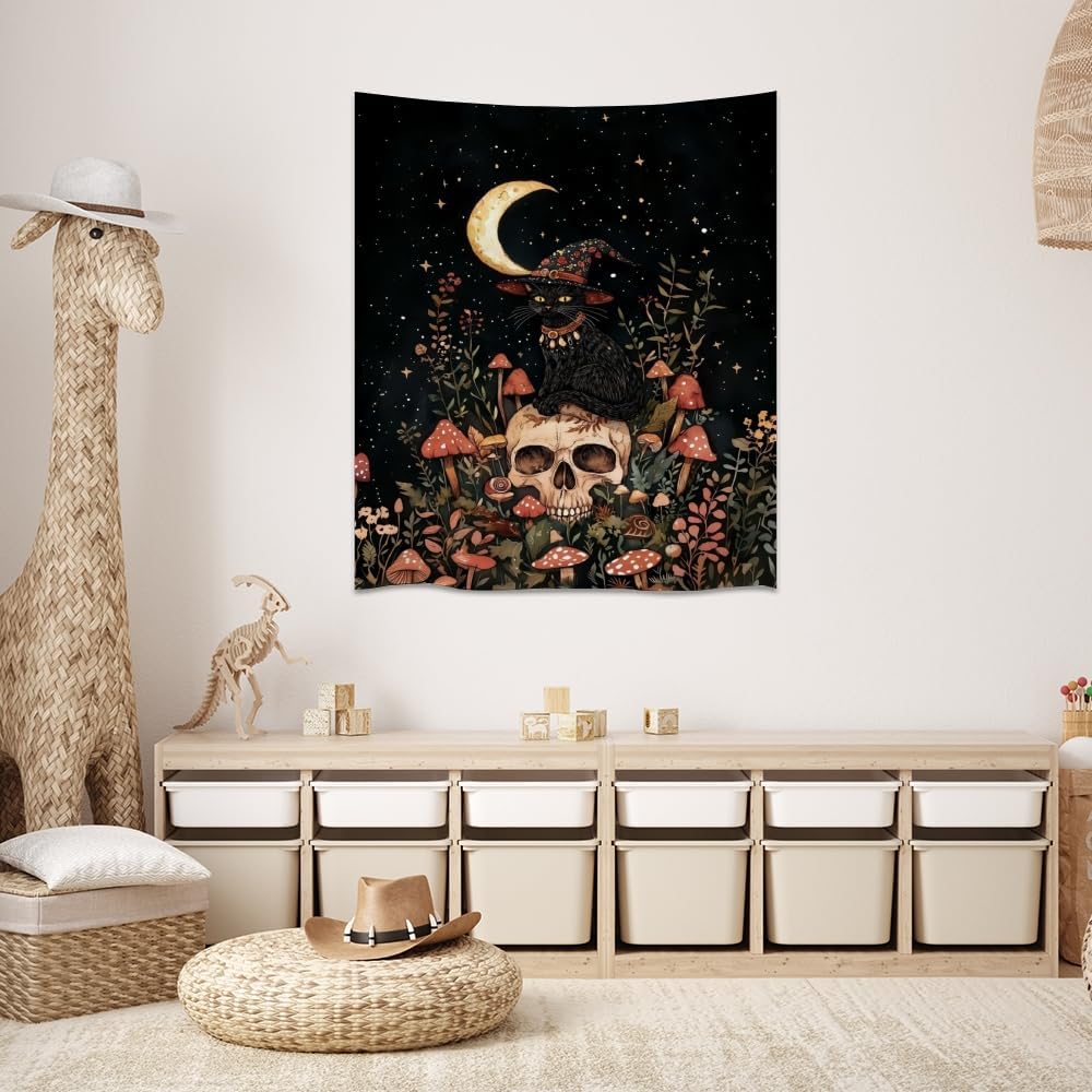 Halloween Witch Cat Tapestry Gothic Skull and Mushroom Artwork Print Spooky Halloween Witchy Wall Hanging Decor Black Cat Crescent Moon art Tapestries for Living Room Bedroom Decoration 60x80inch
