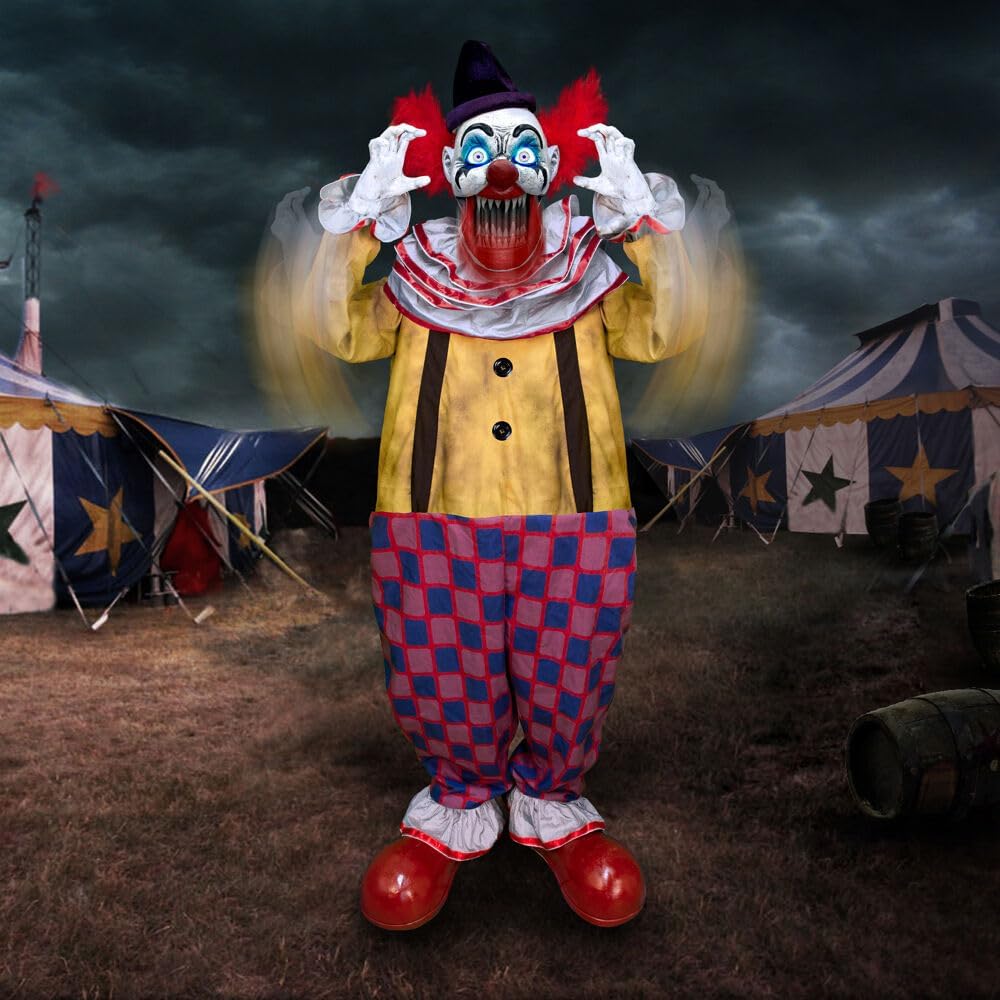 Haunted Hill Farm Motion-Activated Startling Arms Clown by Tekky, Talking Scare Prop Halloween Animatronic for Indoor or Covered Outdoor Creepy Halloween Decorations, Plug-in or Battery Operated