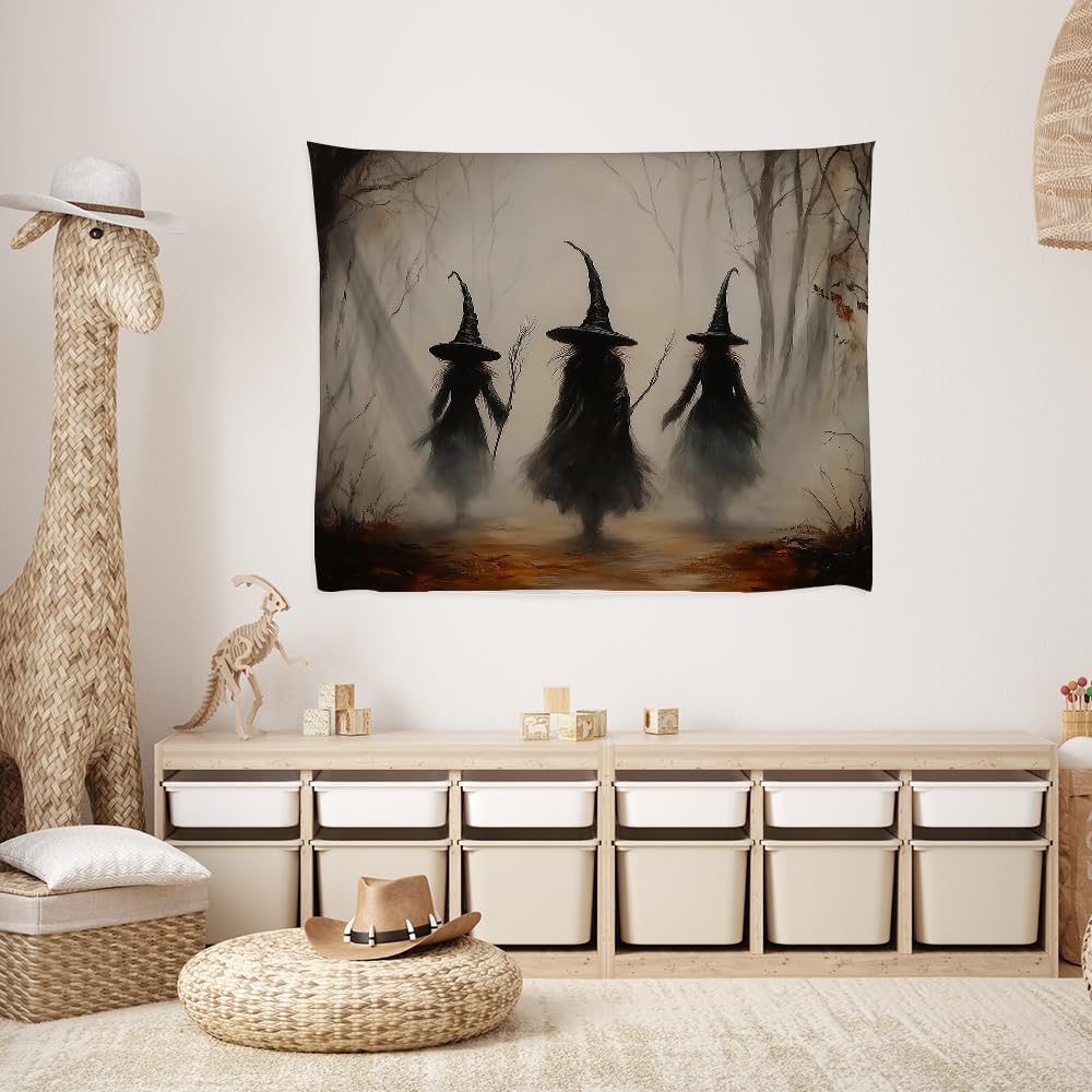 Witchy Halloween Tapestry Wall Hanging Vintage Spooky Witch Room Print Dark Academia Autumn Forest Three Witches Tapestries Decor for Halloween Living Room Bedroom Decoration 30x40inch