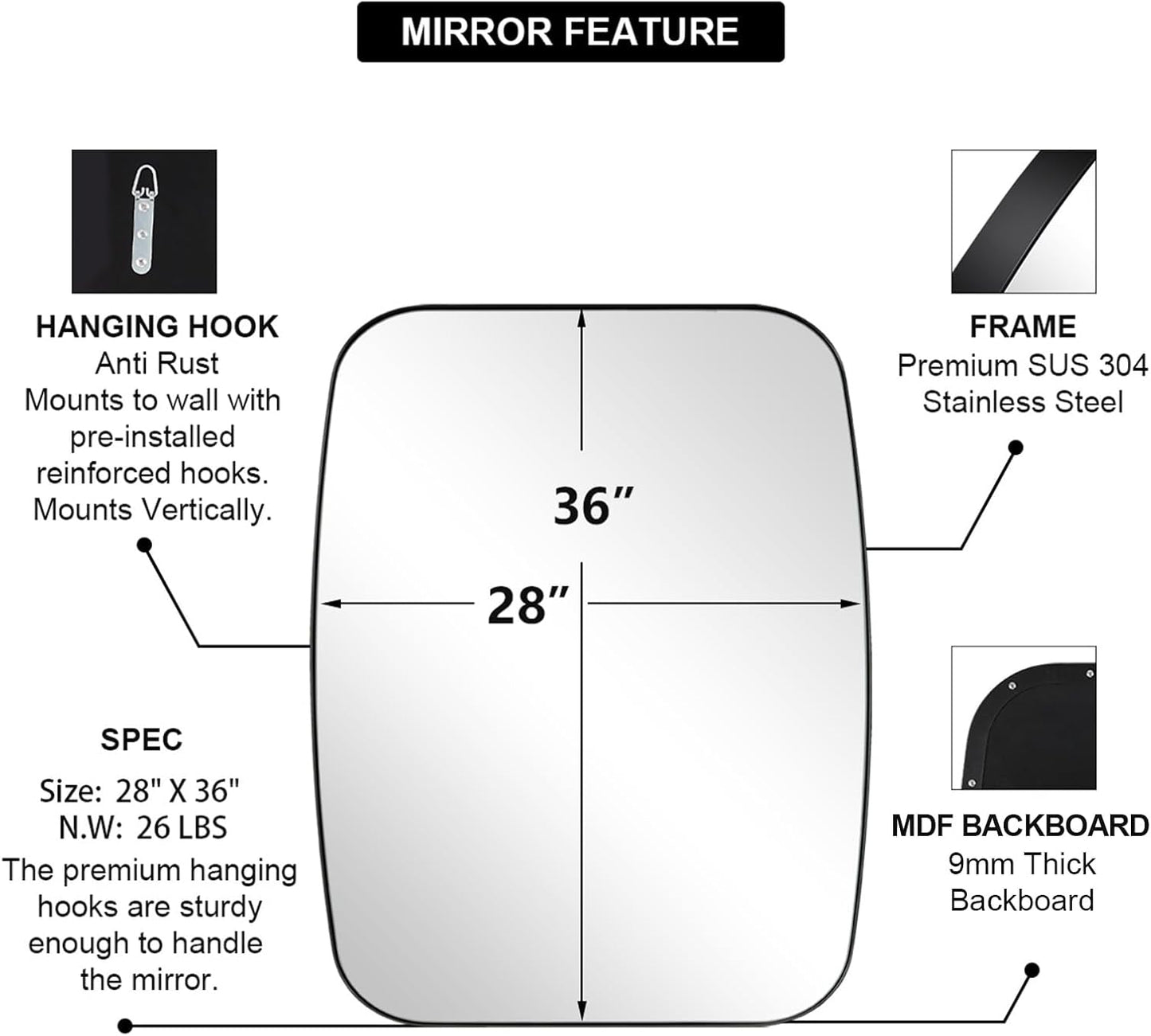 ANDY STAR Black Mirror for Bathroom, 28x36 Inch Stainless Steel Metal Frame Oblong Bathroom Mirror for Vanity, 1’’ Deep Wall Mounted Vertically/Horizontal