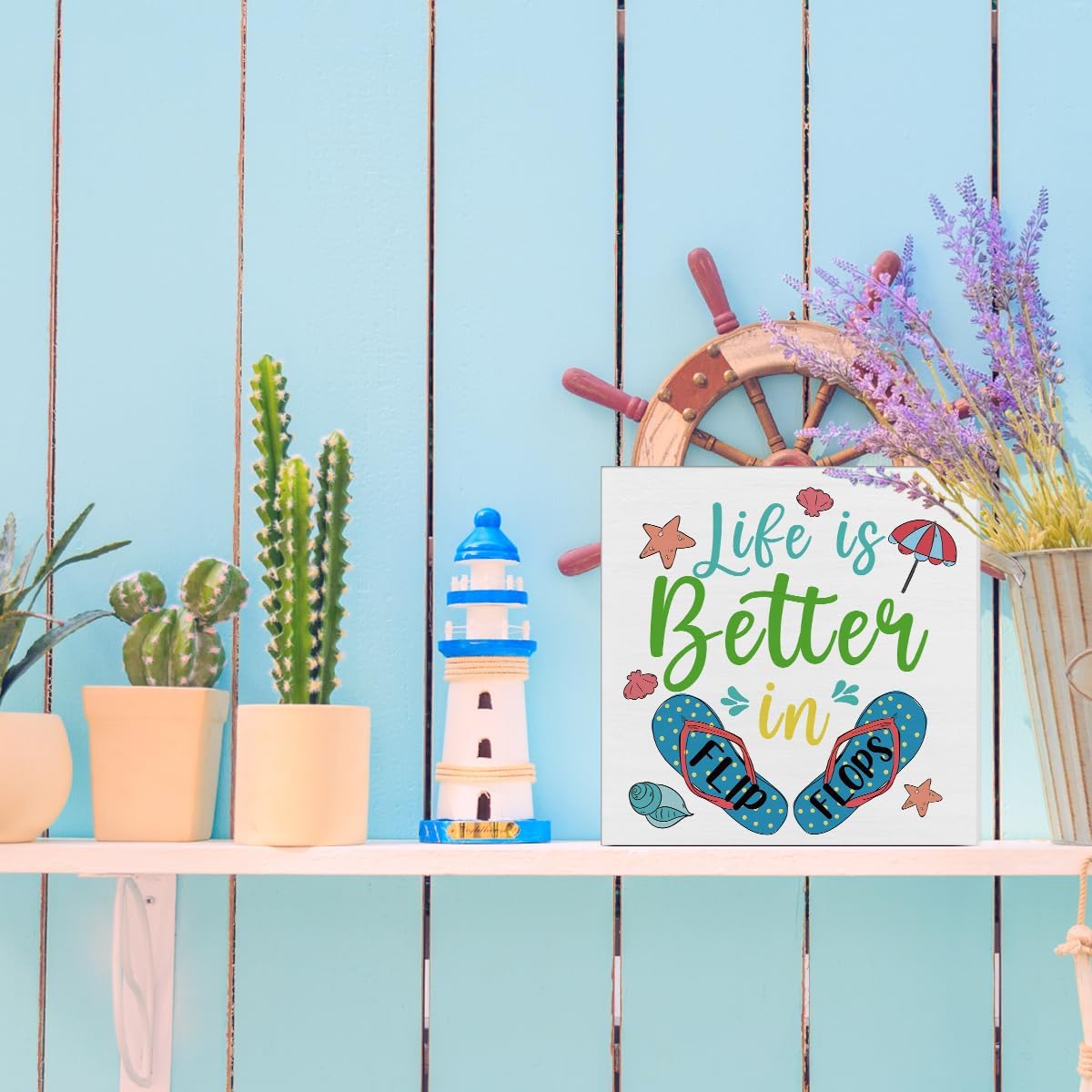 Summer Decor Beach Decorations Flip Flop Wooden Sign Rustic Home Decor 5 x 5 Inches