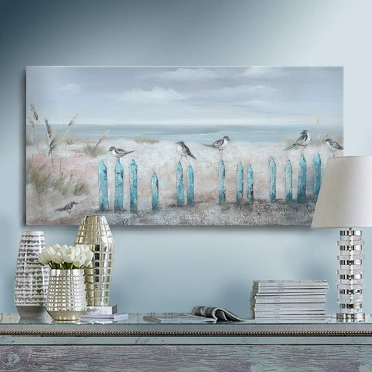 amatop Ocean Beach Wall Art 3D Framed Hand-Painted Seascape Oil Painting Perching Bird Canvas Artwork 'The Tranquility by The Sea Shore' for Living Room Bedroom Decor Coastal Blue