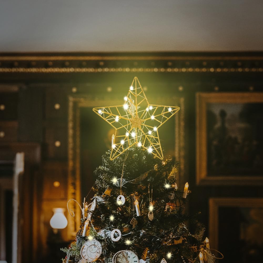 YEAHOME Christmas Tree Topper, Gold Glittered Hollow 5-Point Star Tree Topper for Christmas Tree Decorations, Lighted Wire Star with 20 LED Lights for Christmas Treetop, Xmas Tree Topper with Timer