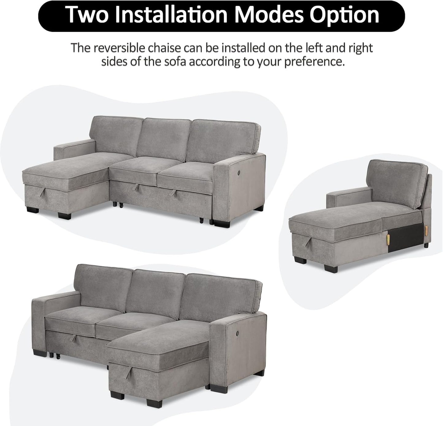 EBELLO Convertible Sleeper Sofa 3 in 1, Chenille Modern L-Shaped Couches for Living Room, Pull Out Sectional Futon Sofa Bed with Storage Space, USB Ports and Cup Holders for Bedroom, Grey