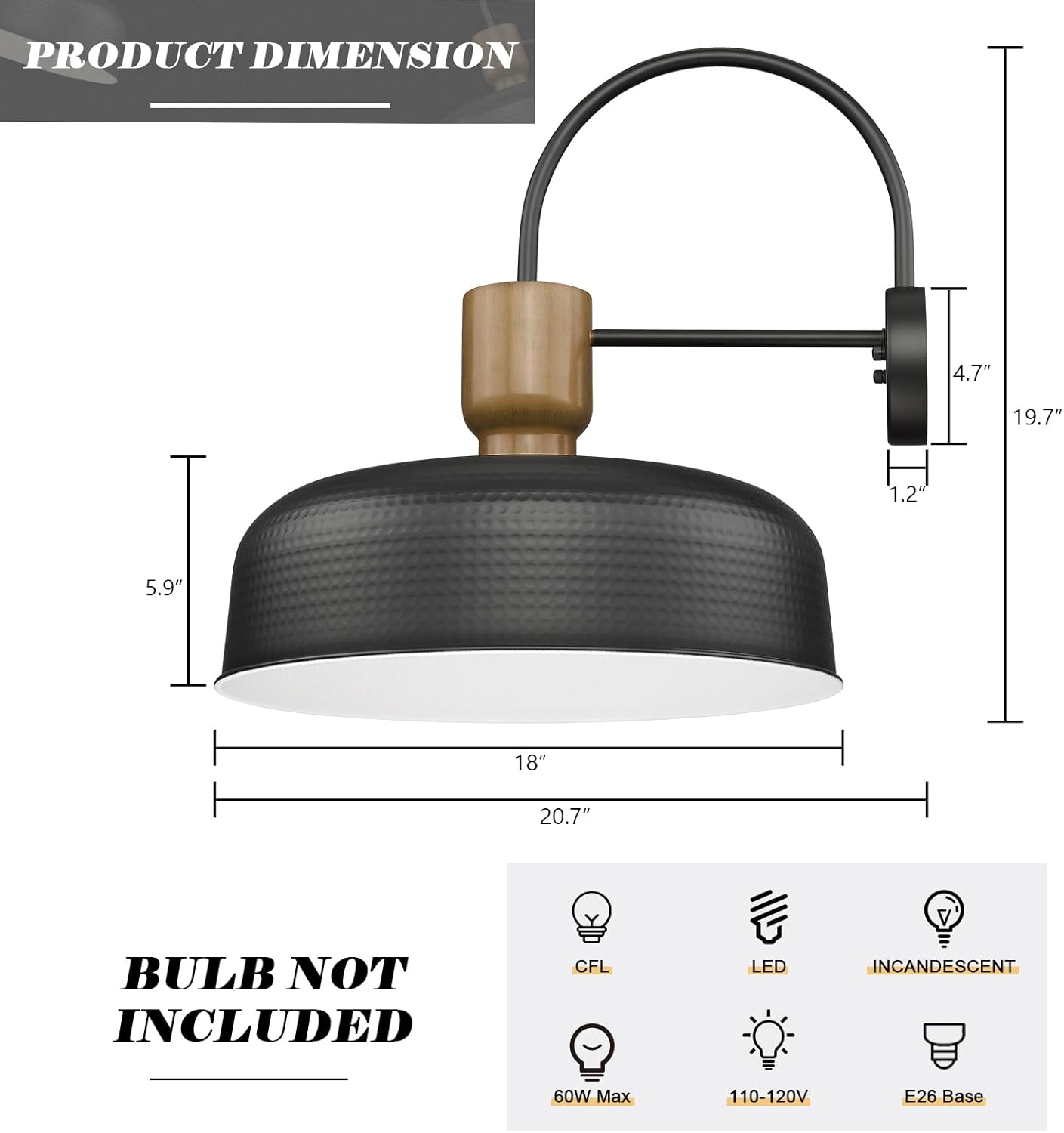 Outdoor Barn Light Gooseneck Barn Light, Farmhouse Exterior Wall Mount Light Vintage Wall Lighting Fixture Industrial Sconce Lantern for Porch, Entryway, Garage, Black, 1 Pack, Large