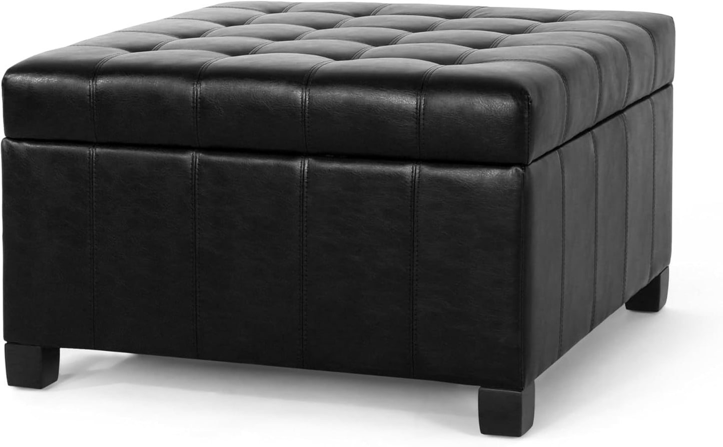 Christopher Knight Home Faux Leather Storage Ottoman Square Ottoman End of Bed Ottoman Cube for Bedroom Entryway Foot Rest Stool with Hinged Lid 30.25" x 30.25" x 18", Black