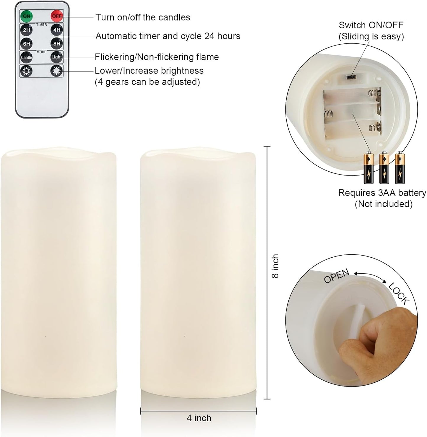 Amagic 2 Pack 8" x 4" Outdoor Plastic Electric flameless Candles with Remote Control and Timer, Battery Operated Flickering LED Pillar Fake Candle for Home, Wedding Decor, Ivory