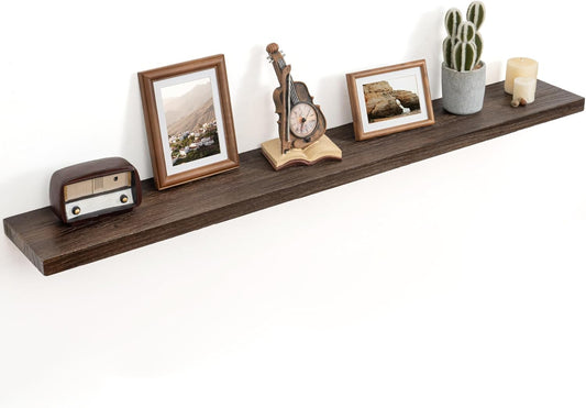 Floating Shelves for Wall Decor, 8 Inch Deep Rustic Solid Elm Wood Floating Shelves Wall Mounted, Wall Shelves with Invisible Bracket for Living Room Bathroom Bedroom Kitchen, 55 Inch Set of 1, Walnut
