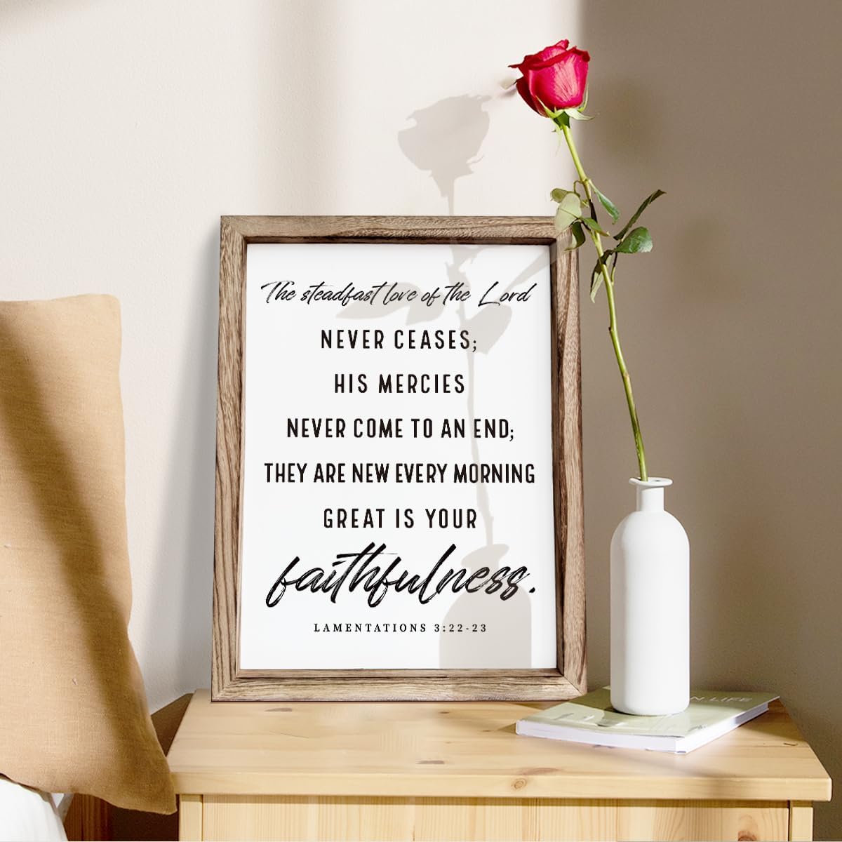 Christian Wooden Wall Signs, Living Room Decor, Home Church Decor for Room, Framed Wall Plaque Sign 15 * 11.5 inches, The Steadfast Love of the Lord Never Ceases Sign