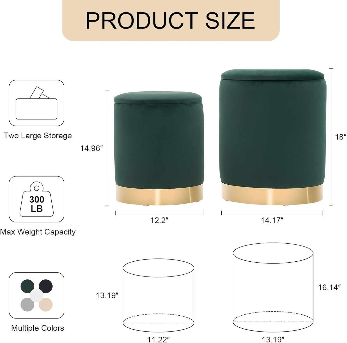 Round Ottoman with Storage Set of 2, Upholstered Velvet Storage Ottomans, Vanity Stool, Multifunctional Ottomans, Coffee Table Foot Rest Ottoman for Living Room Bedroom, Green