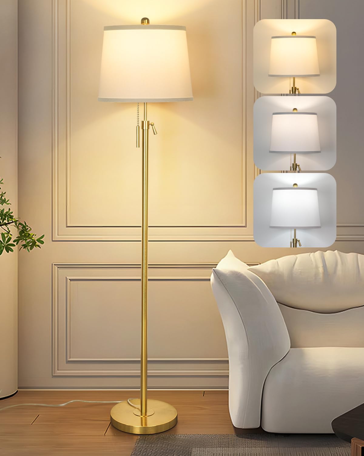 Gold Floor Lamp for Living Room, Tall Standing Lamp 55-65" Adjustable Modern Brass Floor Lamps for Bedroom Reading Office Kids 3 Color Lights Corner Night Stand (9W LED Bulb, White Shade)