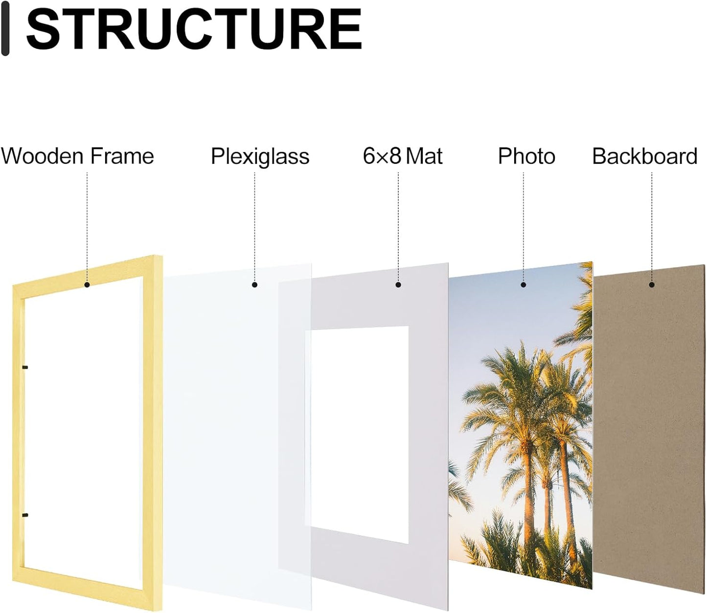Vittanly 8x12 Picture Frames Set of 9, Shatter Resistant Plexiglass, Display 6x8 Pictures with Mat or 8x12 without Mat, Photo Frames for Wall or Tabletop, Engineered Wood, Gold