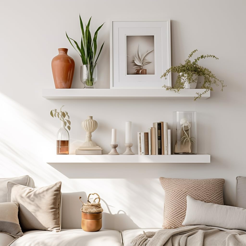 LaVie Home Floating Shelves, 24 Inch Wall Shelf Set of 2, Hanging Shelf with Invisible Brackets, Wall Decor for Bathroom, Bedroom, Living Room, Kitchen Storage, Modern White