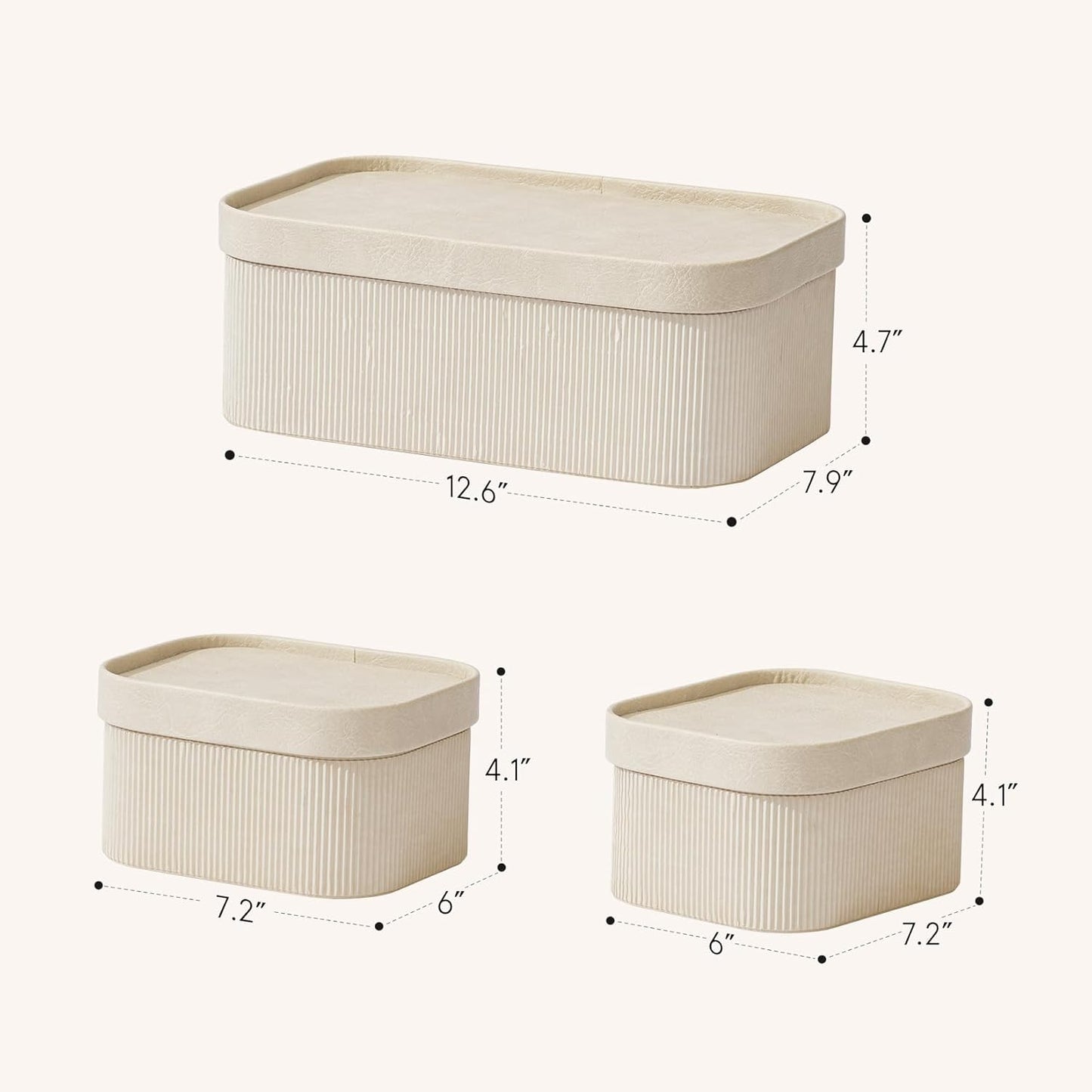 La Jolie Maison Fluted Cardboard Storage Baskets with Leather-Like Lids, Sturdy Stackable Paper Boxes Decorative Tray,Set of 3 Ivory
