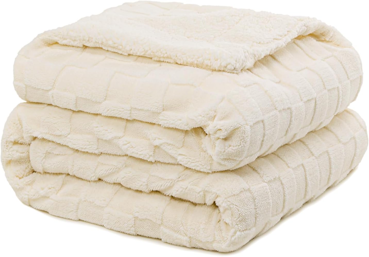 Pawque Super Soft Cozy Throw Blanket Twin Size for Couch Bed, Fluffy Sherpa Fleece Reversible Thick Warm Fuzzy Blanket for All-Season, 3D Checkered Jacquard Decorative Blanket, Cream White, 60" x 80"