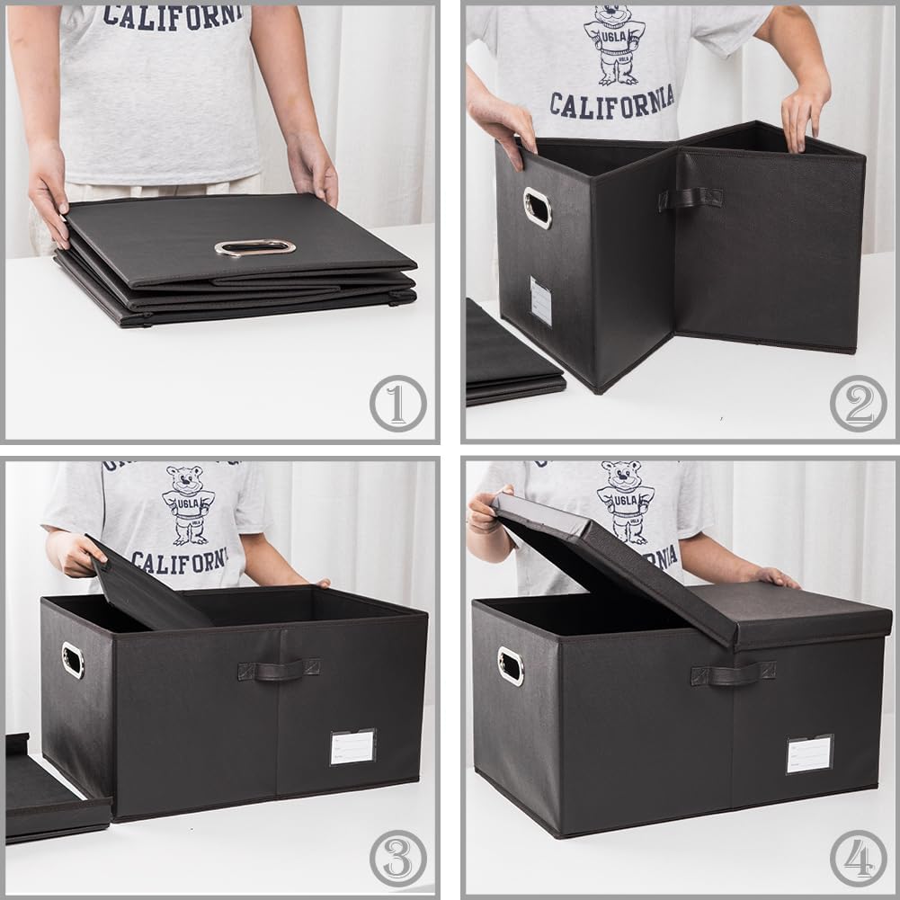 PRANDOM Collapsible Storage Box with Lid [1-Pack] Leather Fabric Foldable Storage Bin Organizer Container Basket Cube with Cover for Home Bedroom Closet Office Nursery Black (22.8X15.7X11.8)