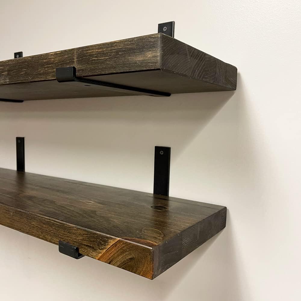 Rustic Shelves with J-Brackets Set of 2, Industrial Shelf, Kitchen Shelves, Solid Wood, Decorative Wall Storage, Heavy Duty, URBANDI (Dark Brown, 36Wx12D)