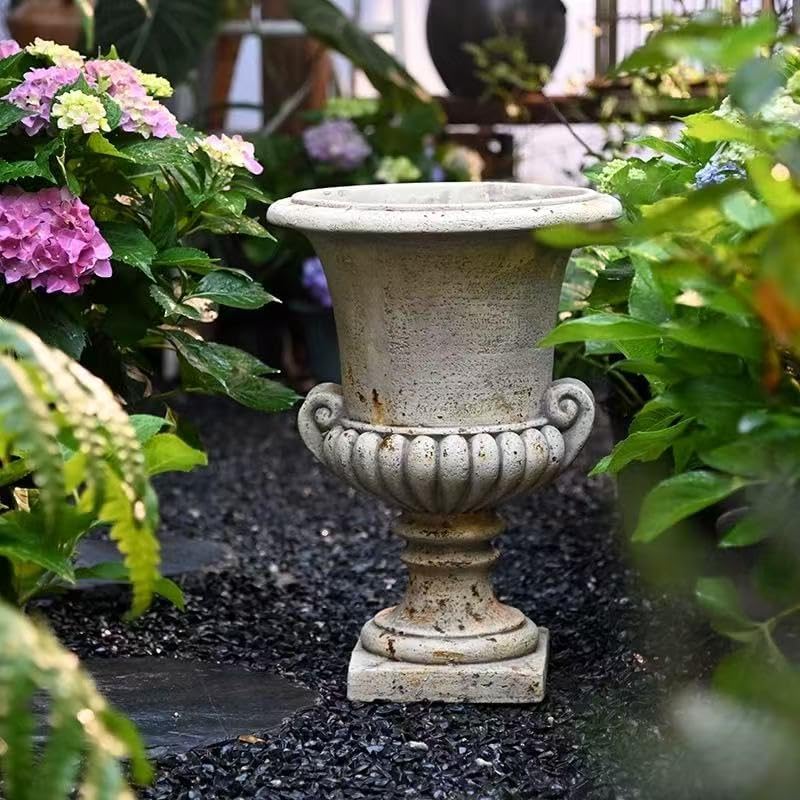Vintage European Garden Urn Planter, Decorative Cement and Fiber Flower Pot, Make Antiqued Finished, H=19.7in, Wrap Foam Safely Delivered from Local Warehouse (Antiqued, Medium)