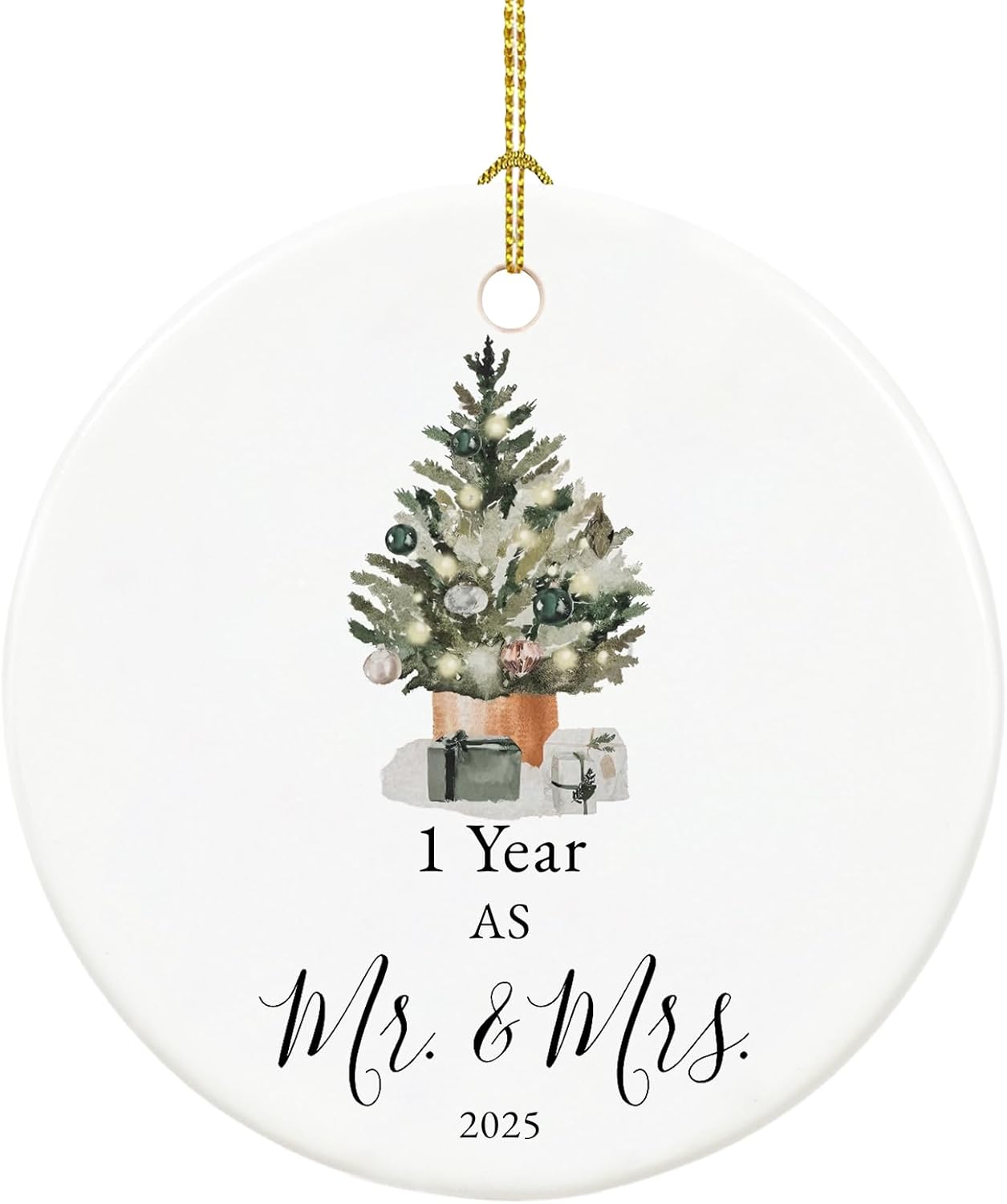 First Anniversary Ornament Gifts for Couple, Wedding Keepsake for 1 Year as Mr and Mrs, Ceramic Christmas Ornament With Ribbon and Box
