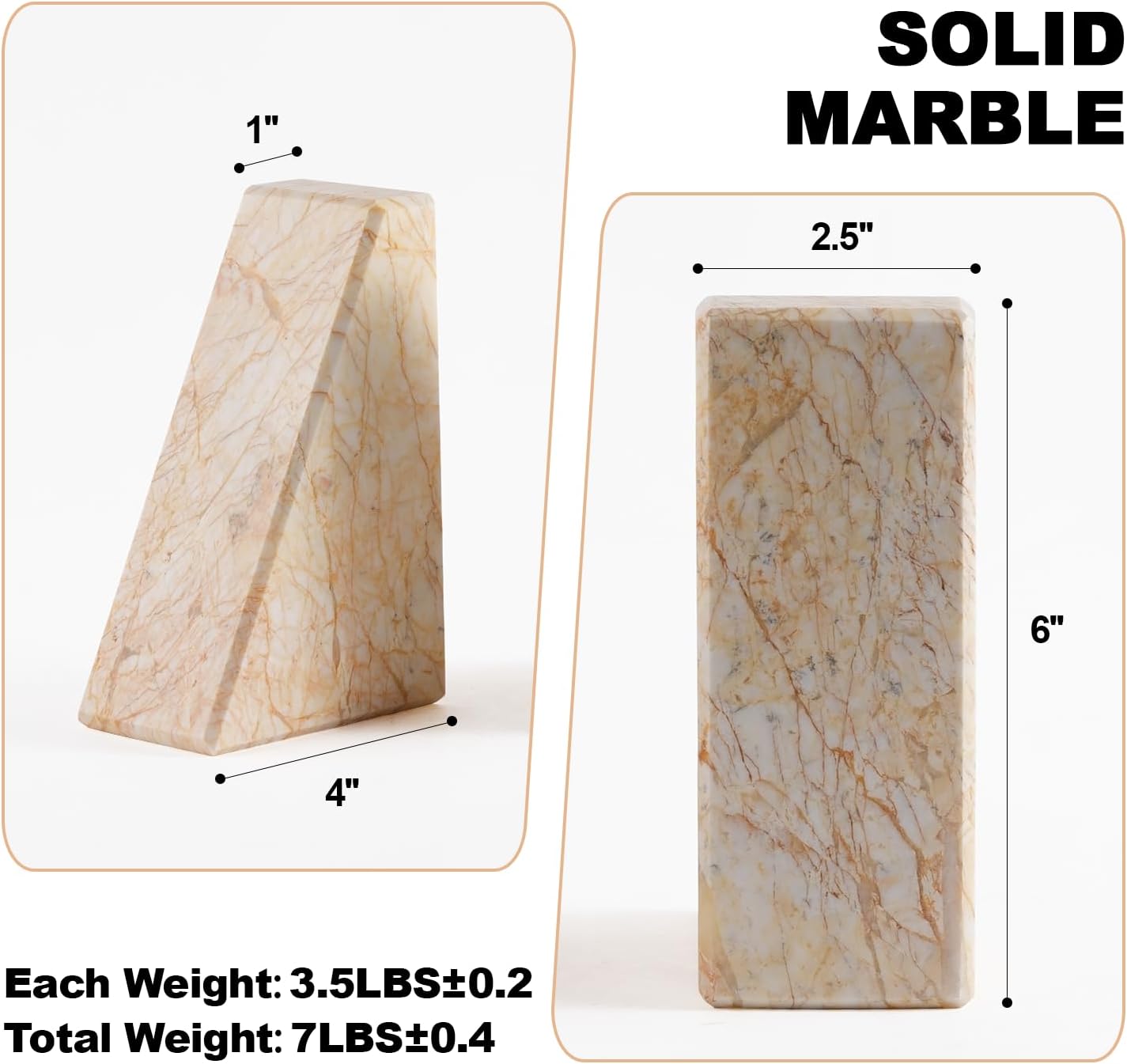 Marble Bookends，Natural Decorative Bookend for Shelves, Non-Skid Book End for Heavy Books, Idea Book Stoppers & Holder for Desk Bookshelf Decor, Modern Home Decor Cream Color Book Ends, Set of 2