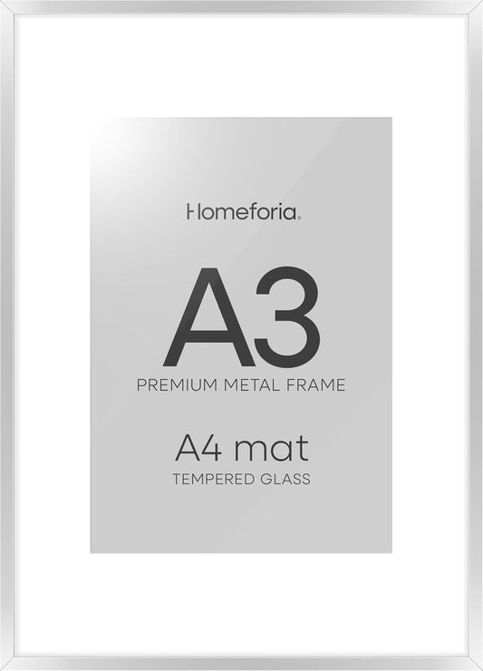 Homeforia A3 Picture Frame Silver, High End Metal 11.7 x 16.5 inch Poster Frames with Mat 8.3 by 11.7 for Photo, A3 Size Frames Matted to A4 Art, 11.7x16.5 Wall Hanging Frame, Tempered Glass, Set of 1