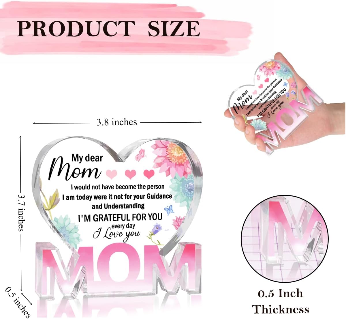 Mothers Day Gifts Best Mom Gifts -Gifts for Mom from Daughter Son - Best Mom Ever Gifts Unique Mother Birthday Acrylic Heart-Shaped Plaque Desk Decorations Present for Mom Christmas Anniversary