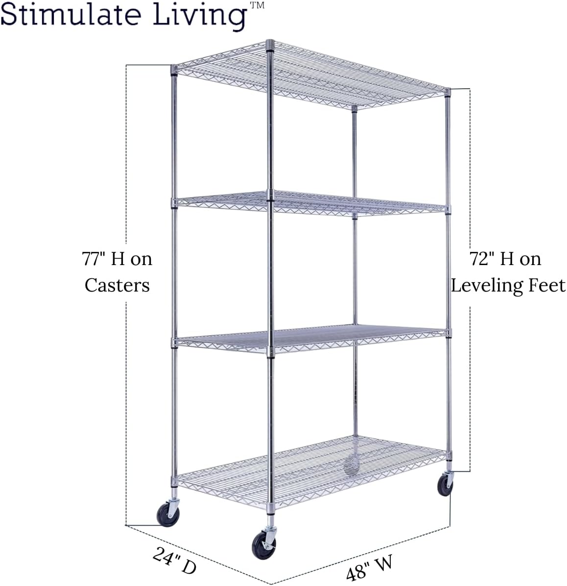 48"x24"x72" Prime Heavy Duty Chrome 4-Tier Wire Shelving NSF 3200 LBS MAX Capacity Storage Rack for Commercial, Hospital, School, Garage, and Kitchen Uses (with Wheels)