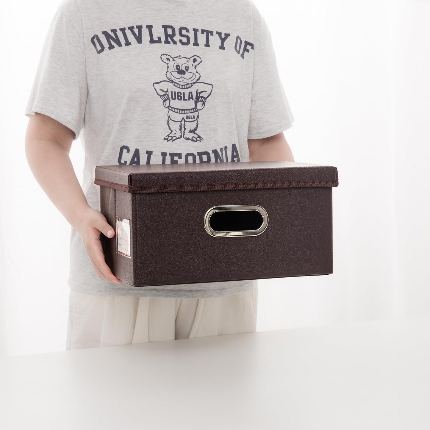 PRANDOM Collapsible Storage Box with Lid [3-Pack] Leather Fabric Foldable Storage Bin Organizer Container Basket Cube with Cover for Home Bedroom Closet Office Nursery Brown(13.6x9.6x6.9)