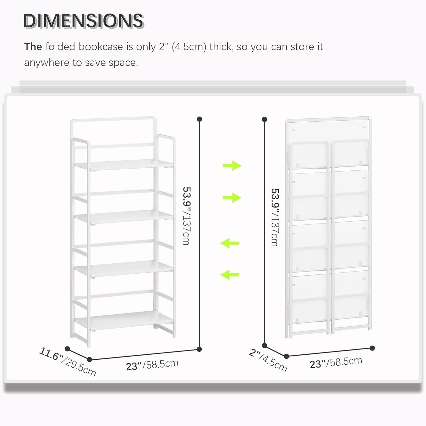 4NM No Assembly Foldable Bookshelf, 4-Shelf Collapsible Bookcase Storage for Small Spaces, 54" H, All White