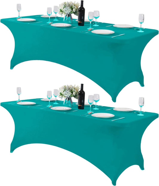2Pack Spandex Table Cover for 8FT or 4ft or 6ft Table Universal Fitted Stretch Tablecloth for Party, Banquet, Wedding and Events-Turquoise