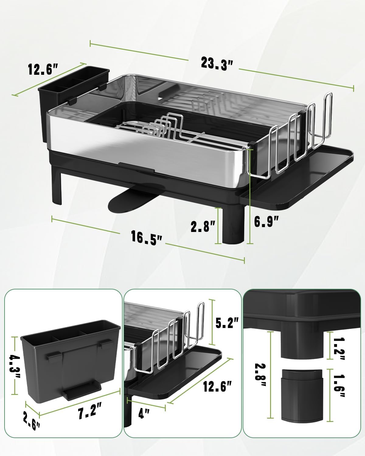 BOOSINY Stainless Steel Dish Drying Rack, Dish Racks for Kitchen Counter, Rust Proof Dish Drainer and Drainboard Set, Small Dryer with Drainage, Utensil Holder and Cup Holder