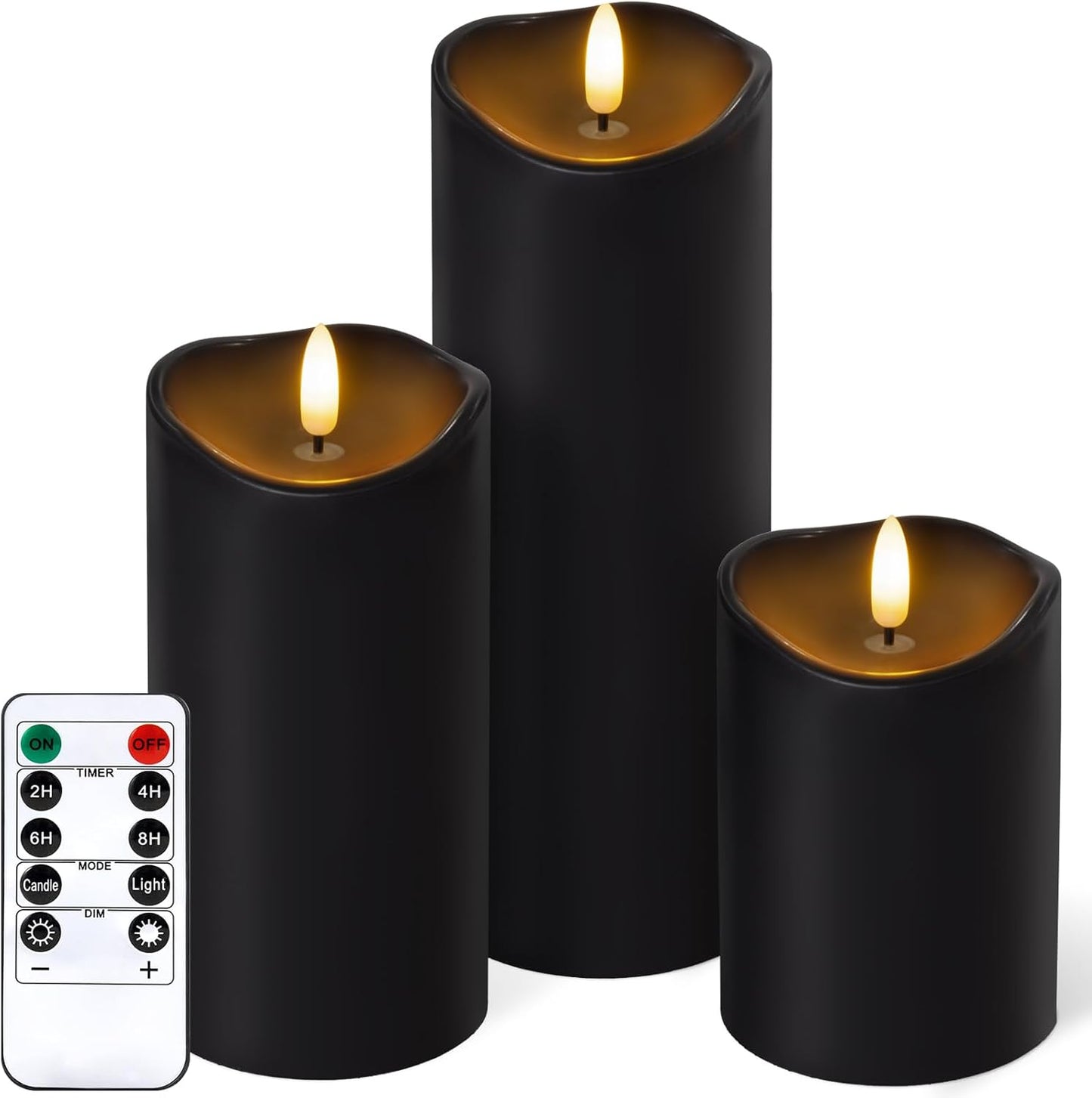 Outdoor Flameless Candles with Remote Timer - Waterproof Realistic Flickering LED Pillar Electric Battery Operated Fake Candle for Home Halloween Christmas Party Decor - 3 Pack Black (D3”H4”6”8”)