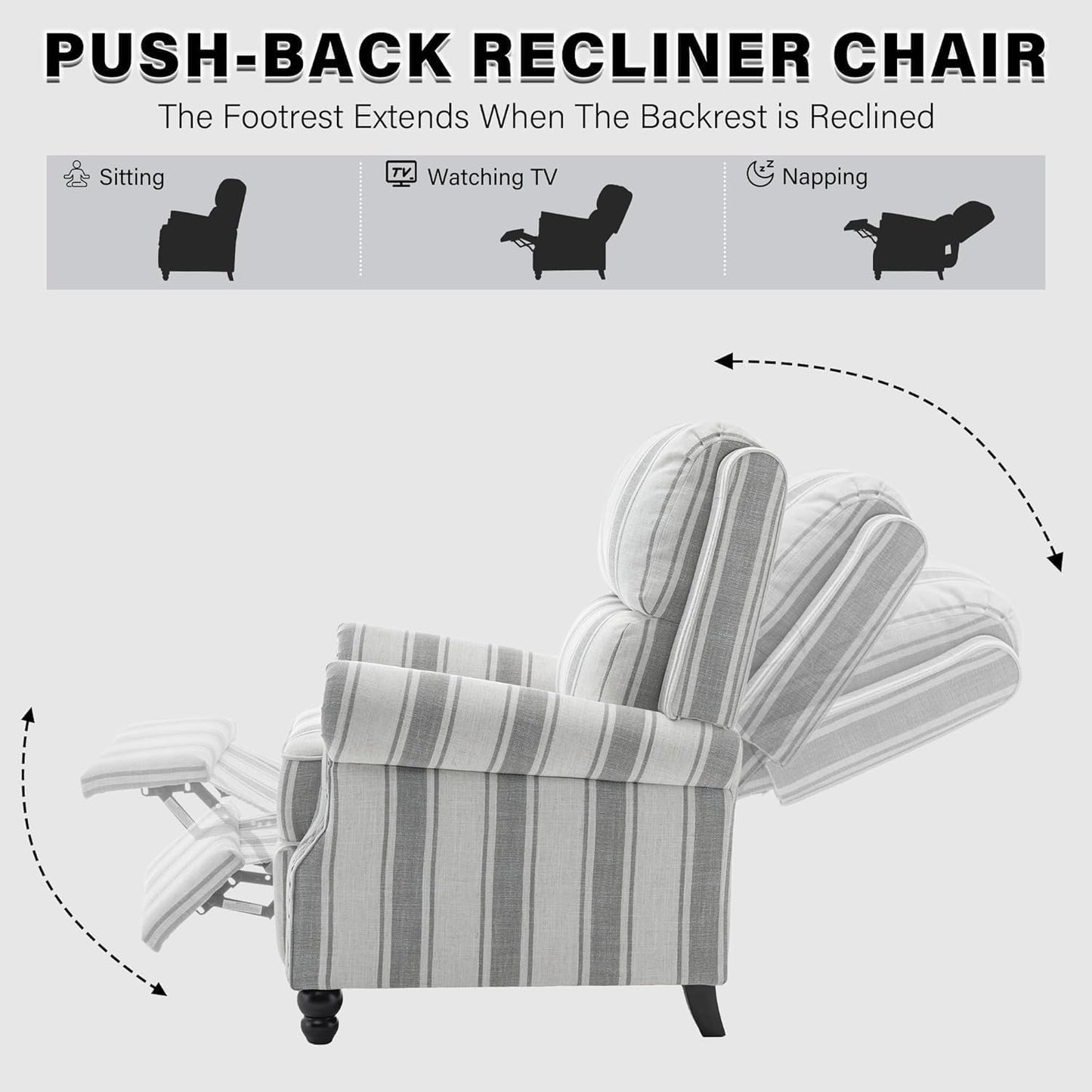 UIXE Pushback Recliner Chair Push Back Accent Chair, Fabric Overstuffed Armchair for Living Room, Rivet Trim Club Chair Home Theater Single Sofa Bedroom Reading Seat - Stripe Gray