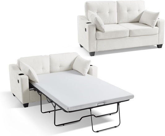 Pull Out Sofa Bed, Full Size Sleeper Sofa, 2-in-1 Convertible Corduroy Couch with USB Charging, Memory Form Couch for Living Room, Apartment and Small Space (Beige, Chenille - Full Size)