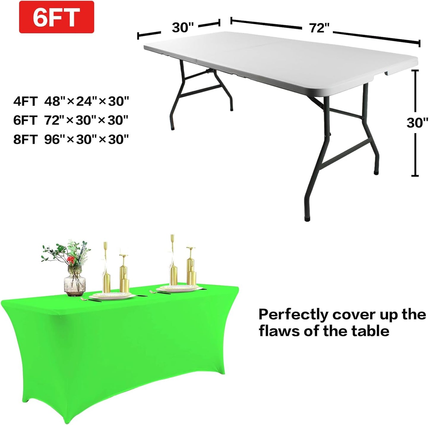 IVAPUPU 2 Pack 4FT Table Cloth for Rectangular Fitted Events Stretch Green Table Covers Washable Cover Spandex Tablecloth Protector for Party, Wedding, Cocktail, Banquet, Festival