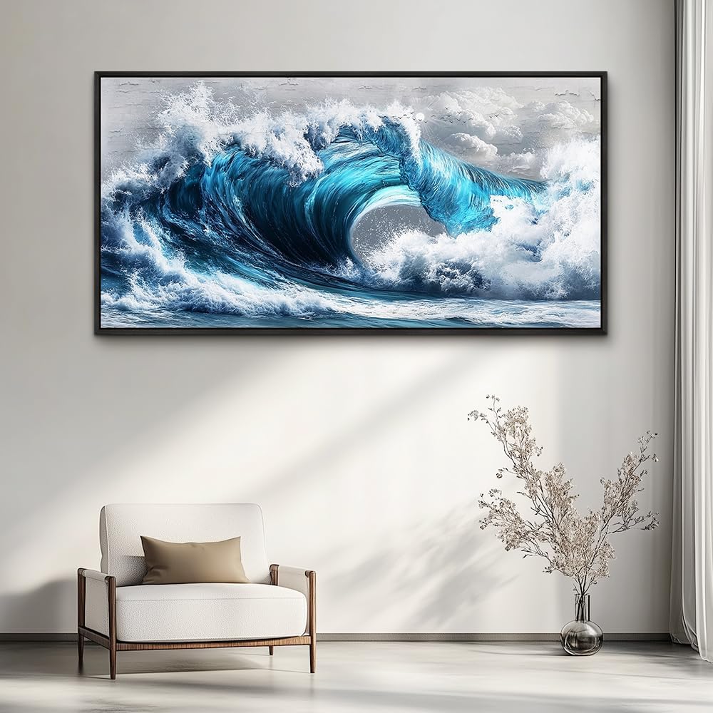 PHAOHUAXM Large Canvas Blue Wave Paintings Wall Art For Living Room Wall Decoration For Bedroom Ocean Wall Pictures Printing Office Decorations Posters Modern Home Decor Black Framed 30x60 In