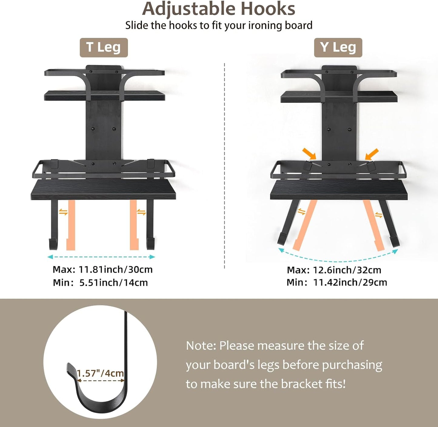 VINAEMO Ironing Board Hanger Wall Mount, 2-Layer Iron and Ironing Board Holder, Laundry Room Shelves Solid Wood with Removable Hooks Home Organization and Storage