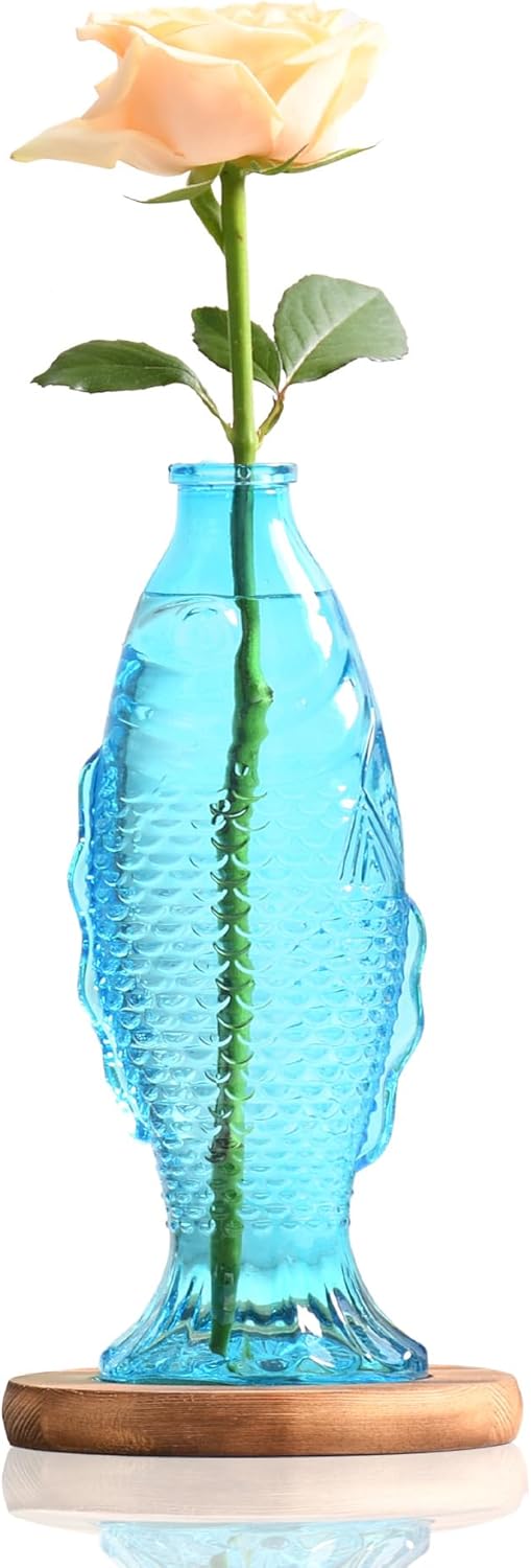Nacome Fish Vase Glass Plant Terrarium with Wooden Stand,Planter Propagation Station for Home Office Hydroponics Desk Decoration,Unique Gardening Gifts for Plant Lovers Women Mom(Blue)