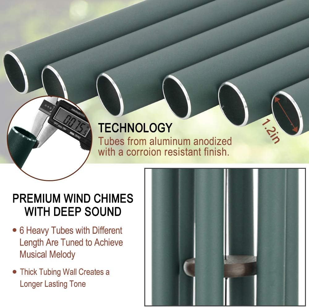 Wind Chimes Outdoor Large Deep Tone, 44 Inches Sympathy Wind Chimes Tuned Soothing Melody, Memorial Wind-Chime with 6 Heavy Tubes for Outside Decoration, Garden/Yard. Green