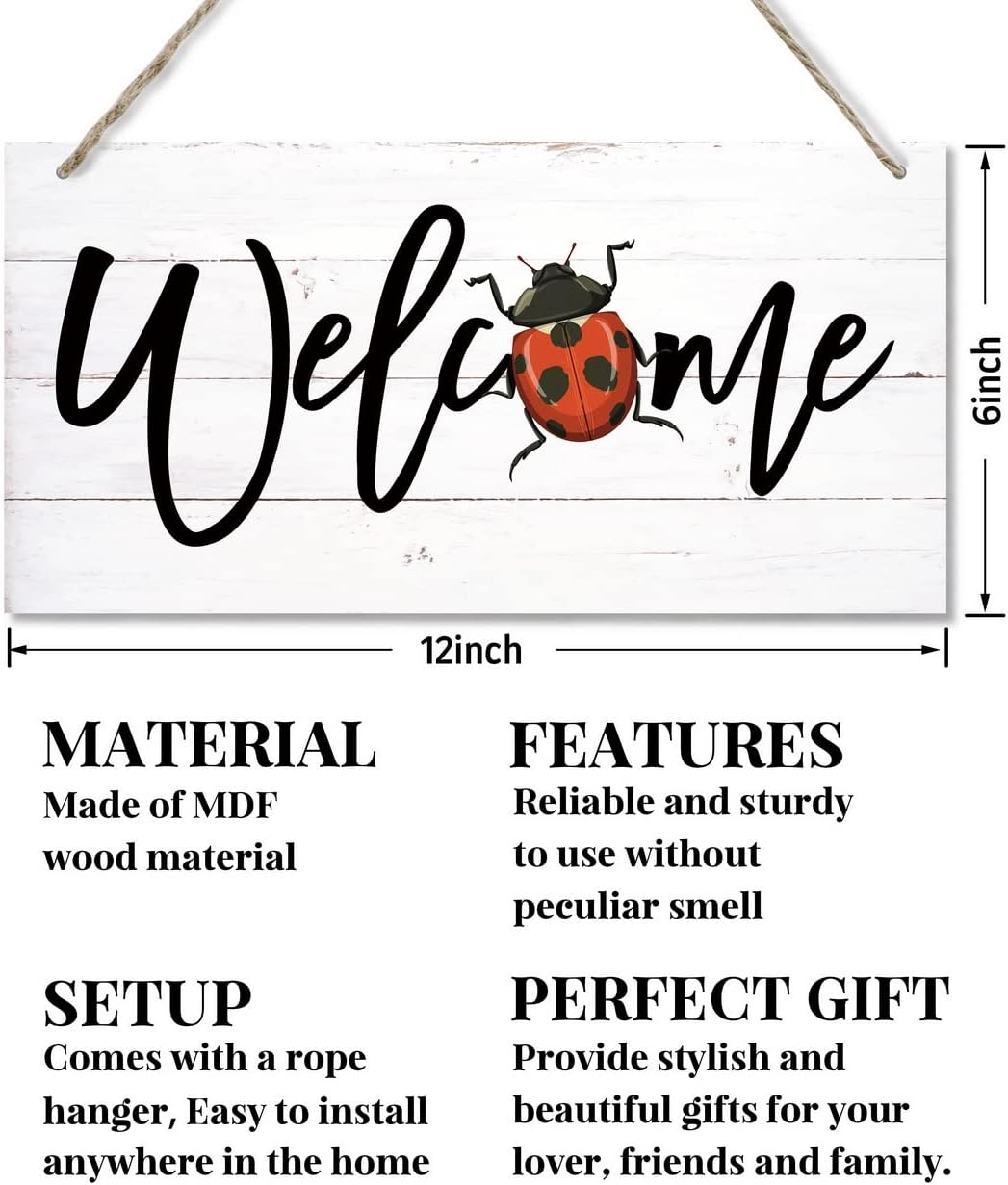 Welcome Decor Sign, Hanging Wood Sign Home Decorative, Printed Wood Wall Art Sign, Ladybug Welcome Sign, Door Sign, Front Door Wall Art Decor, Welcome Sign for Home Farmhouse Yard Garden 12 * 6inch