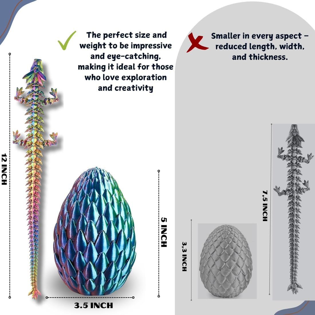 3D Printed 12” Articulated Crystal Dragon Inside 5.1” Egg – Fantasy Collectible, Fidget Toy & Stocking Easter Basket Stuffers for Home & Office Decor (Multicolor).