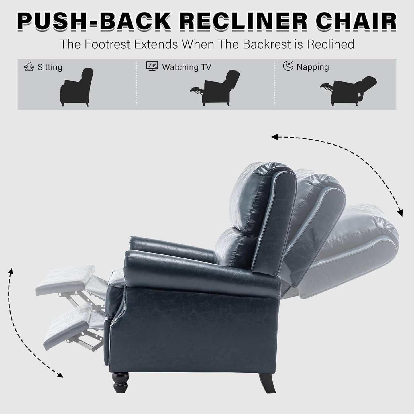 UIXE Faux Leather Recliner Chairs Set of 2, Pushback Armchair Overstuffed Accent Chair for Living Room, Rivet Trim Club Chair Home Theater Bedroom Reading Seat - Navy Blue