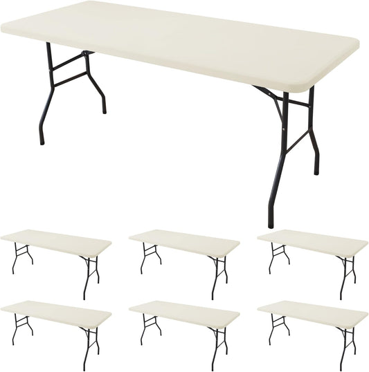 Fitted Tablecloth for 8 Foot Rectangle Tables-6 Pack Cream Elastic Outdoor Picnic Table Cover-Spandex Stretch Folding Table Cloths 8ft for Camping Dining Room Patio Kitchen Banquet Party