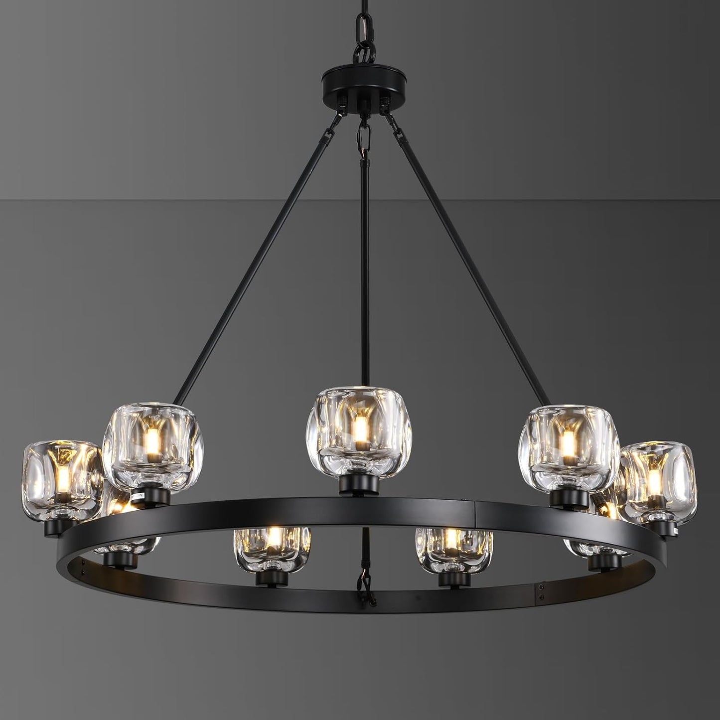 Black Wagon Wheel Chandelier, 36 Inch Black Chandeliers with Unique Glass Shade, 9-Light Crystal Farmhouse Wagon Wheel Chandeliers for Dining Room, Round Chandelier for Living Room, Foyer, Entryway