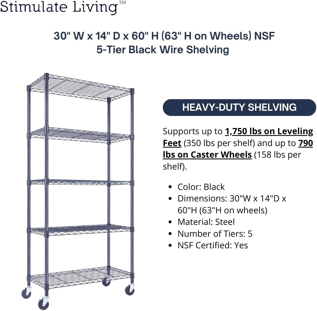 30"x14"x60" PRIME HEAVY DUTY Black 5-Tier Wire Shelving 1,750 LBS MAX Capacity Storage Rack for Commercial, School, Home, Garage, Warehouse, Industrial, and Hospital Uses (with Wheels)