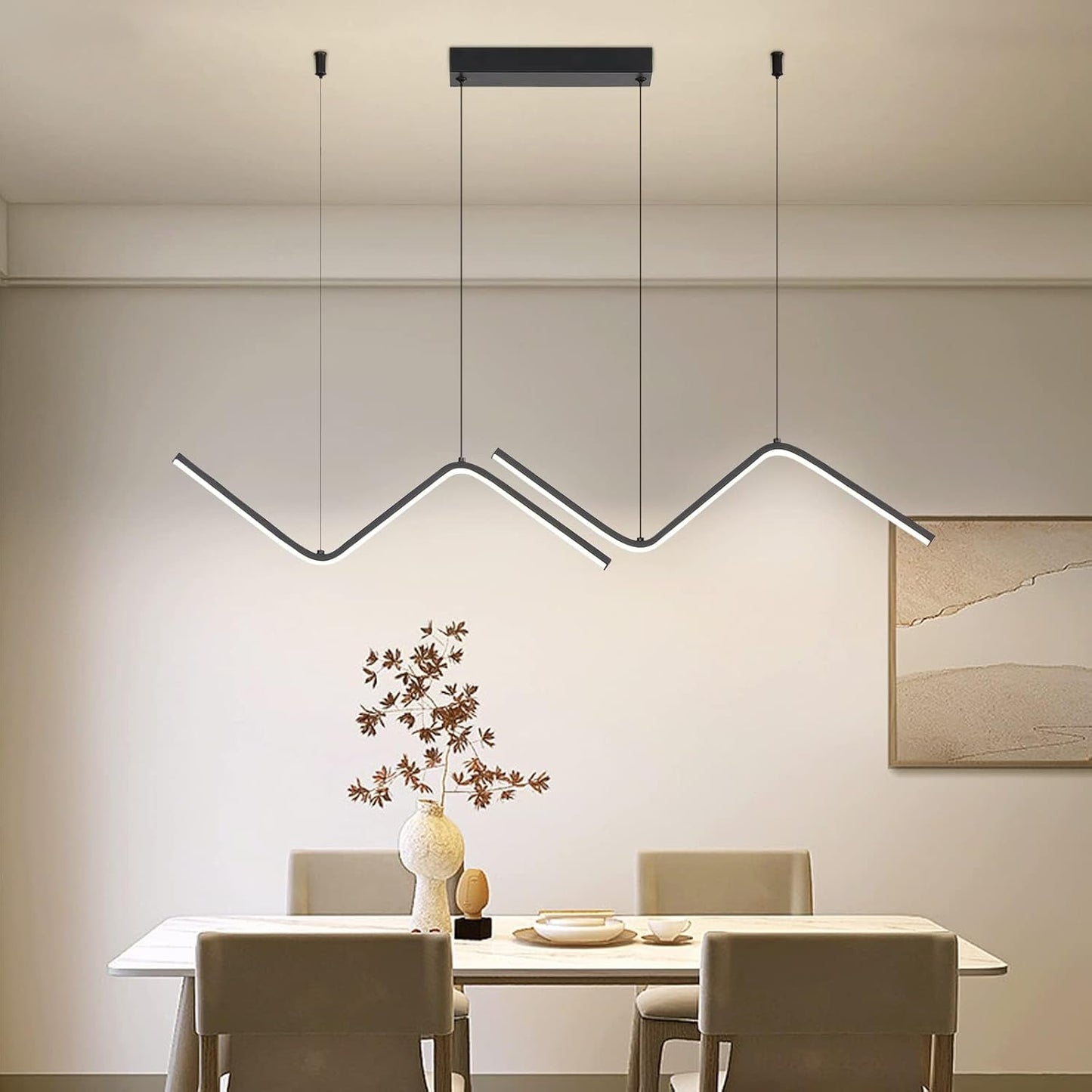 LED Modern Linear Pendant Lights, Dimmable LED Hanging Chandelier Fit Dining Room Kitchen Island, 3000K-6000K with Remote Contro Bright Light Fixture (Black, 47.2IN)