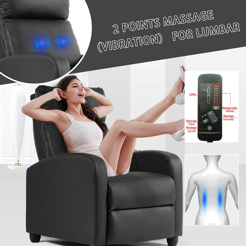 BestMassage | Recliner Chair | with 2 Point Massage Function | Black | with Lumbar Support, Adjustable Push Back, Wide Armrests, Footrest & Padded Seat | Easy Assembly | for Living Room, Home Theatre