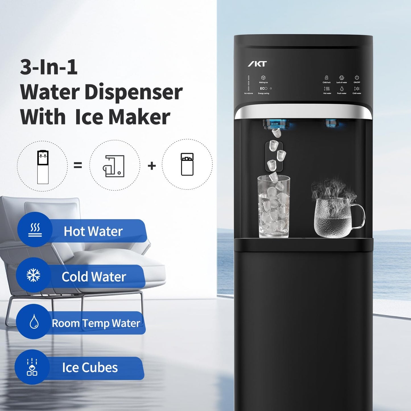 IKT Self-Cleaning Bottom Load Hot and Cold Water Cooler Dispenser with Ice Maker for 5 Gallon Bottle 22lbs Daily Capacity Perfect for Home Black